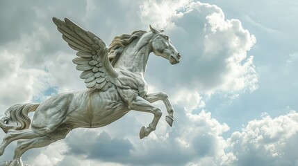 Fototapeta premium Statue of a horse in flight against a cloudy backdrop for text placement
