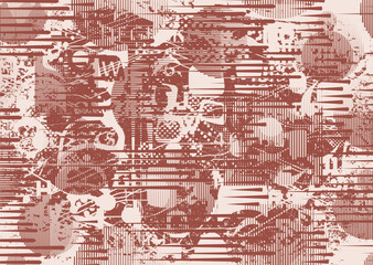 Glitch distorted grungy abstract forms . Cyber punk seamless pattern texture. Halftone dots .Futuristic background . Glitched shapes with dots and lines .Screen print endless pattern texture