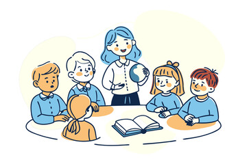 teacher with children and globe, cartoon style, illustration, educational concept, white background, international literacy day, teacher's day
