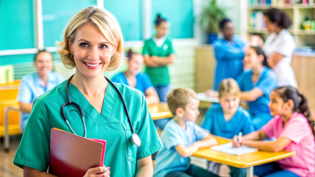 school nurse in green scrubs smiling with children in classroom background, international nurses day, world health day, doctor's day, international literacy day