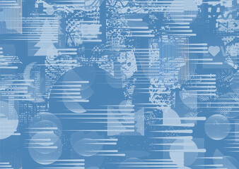 Glitch distorted grungy abstract forms . Cyber punk seamless pattern texture. Halftone dots .Futuristic background . Glitched shapes with dots and lines .Screen print endless pattern texture