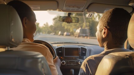 Fototapeta premium A man and woman are in a car, looking out the window