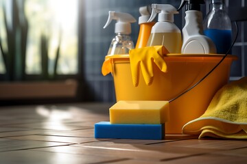Fototapeta premium Cleaning products on tiled floor in living room, closeup