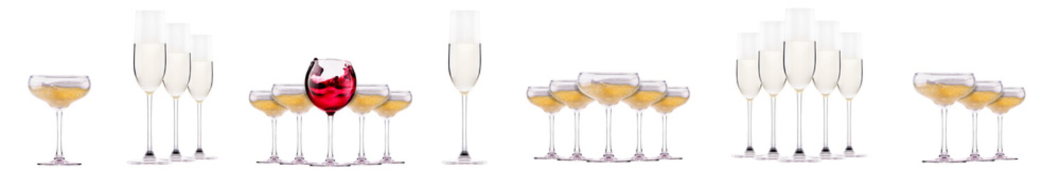 Set of luxury champagne glasses with splashes on isolated on a black background