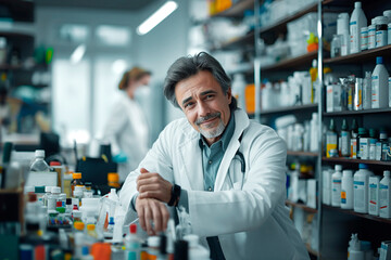 in  lit laboratory, a middle-aged male doctor with dark hair and streaks of gray confidently gazes at the camera, surrounded by shelves filled with various medicines and pharmaceutical supplies