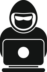 Hacker using laptop wearing sunglasses and balaclava committing cyber crime