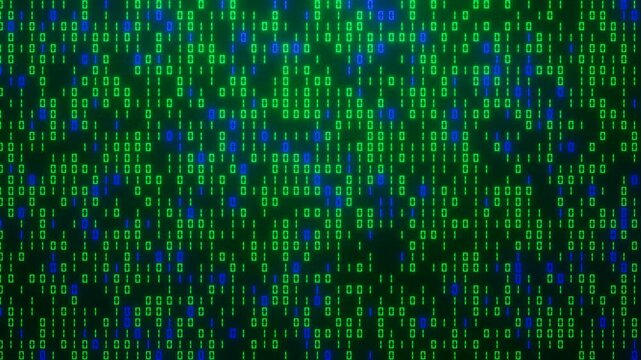 Cyber space, digital technology and big data concept. Binary code abstract background. Green and blue numbers zero, one display on monitor screen. 4K video looped animation 3D rendering.
