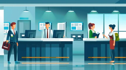Key card distribution, front desk activity, flat design illustration
