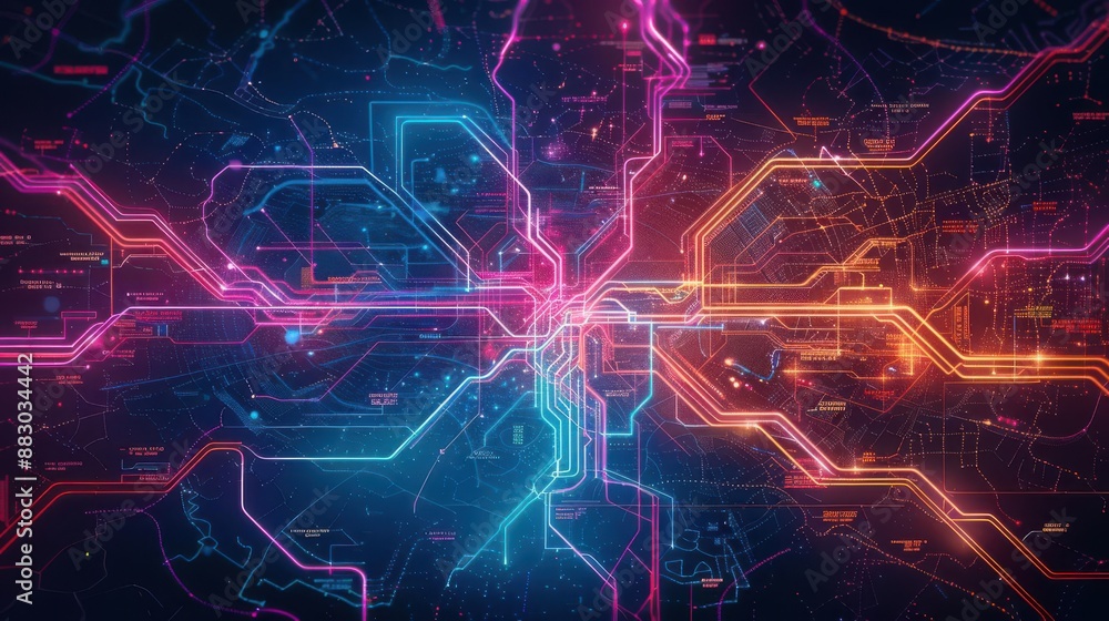Poster high-tech futuristic digital network with vibrant neon lights and interconnected lines forming a com
