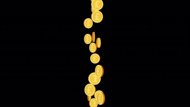Falling Pound Gold Coins. Animation of Golden Pound Coins Dropping with Alpha Channel. Financial Wealth and Success