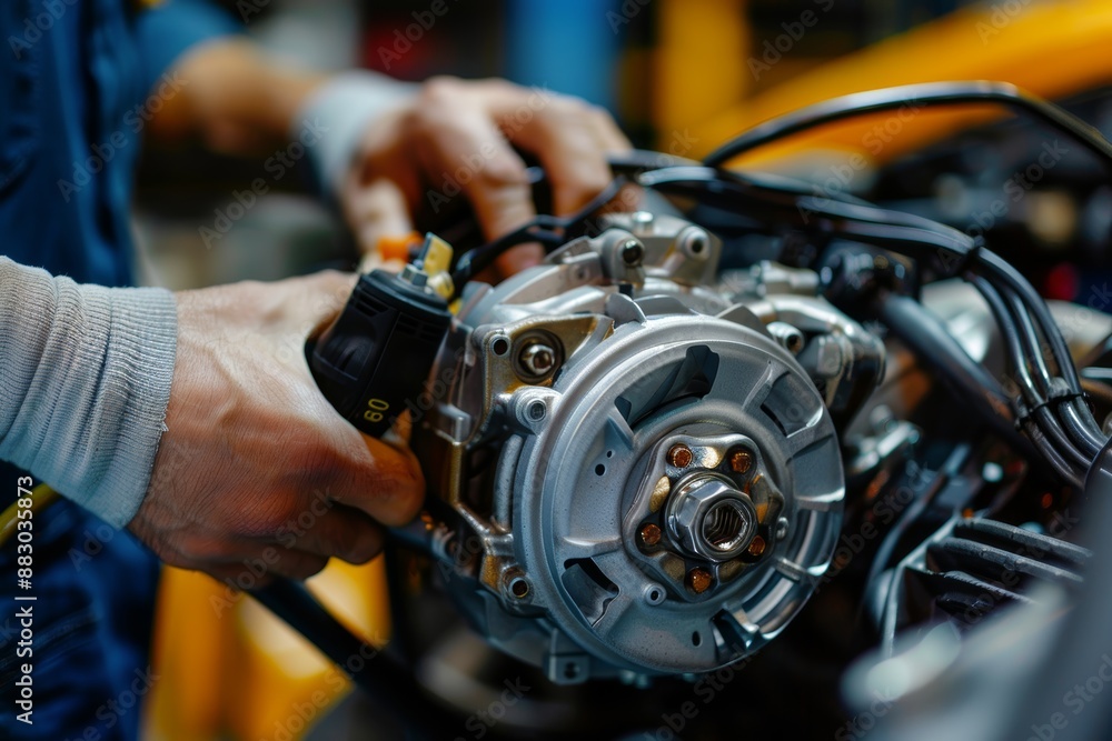 Poster mechanic installing new alternator in car - process and tools depicted in detailed close-up