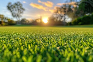 Close-Up of Lush Green Grass with a Sunset Background