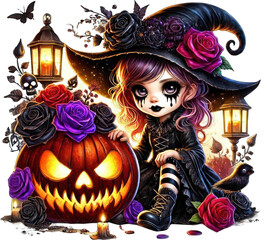 Watercolor Halloween, Gothic Girls Halloween, Ghost Clipart, Witch, Pumpkin, Spider, Commercial Use