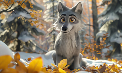 Fototapeta premium Cute 3d wolf lizard with big eyes in nature 