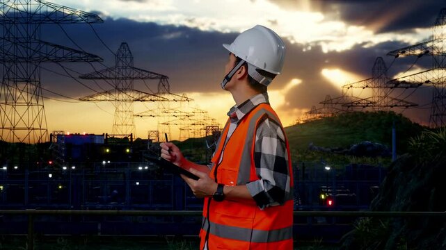 Side View Of Asian Male Engineer With Safety Helmet Taking Note On The Tablet And Looking Around While Standing near High voltage tower