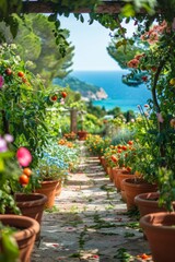 Obraz premium Mediterranean Garden with Tomato Plants and Sea View - Perfect for Posters, Prints, and Cards