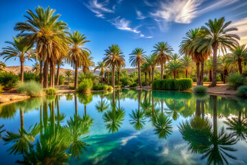 Obraz premium A beautiful tropical scene with palm trees and a lake. The water is calm and clear, and the sky is blue with some clouds. The scene is peaceful and relaxing, and it evokes a sense of tranquility