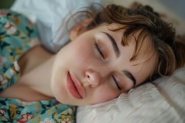 Obraz premium Peaceful Morning Woman Sleeping in Bed, Relaxed and Serene, Enjoying a Calm and Restful Start to the Day, Feeling Tranquil and Content