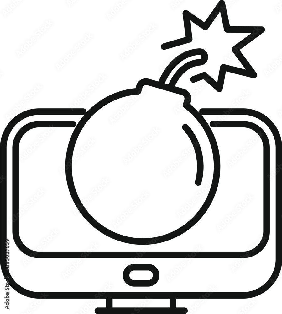 Poster line art icon of a bomb about to explode on a computer screen, representing cyber attack