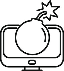 Line art icon of a bomb about to explode on a computer screen, representing cyber attack