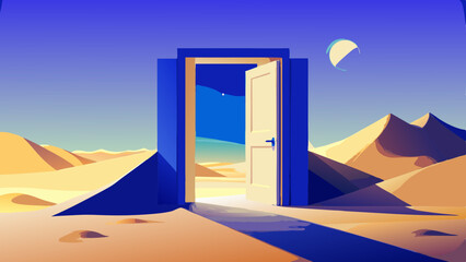view from the window door to the sea Opened door on desert. Unknown and start up concept. This is a 3d illustration