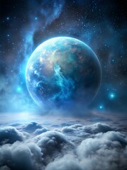 A Blue Planet Rising Over a Sea of Clouds in the Night Sky. Generative AI