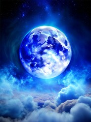 Obraz premium Blue Earth Moon Shining in the Night Sky Above Clouds. Generative AI