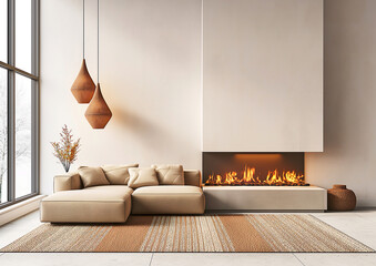 Modern living room with beige sofa, fireplace on light wall, minimalism style, warm palette, natural lighting brown scheme. Ideal for interior design mockup and advertisement. Generative AI.