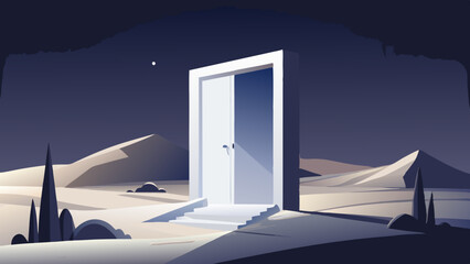 view from the window door to the sea Opened door on desert. Unknown and start up concept. This is a 3d illustration