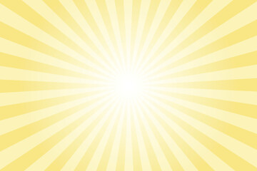 Yellow background with white sun ray. Pattern of starburst. Abstract buff yellow texture with light of sunburst. Radial beam of sunlight. Retro background with flash. Design of sunbeams.