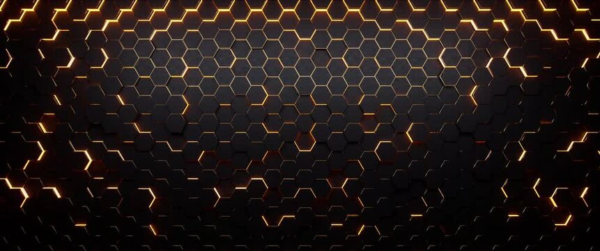Seamless Hexagon grid made of black metal and elegant golden rims lit with futuristic honey yellow LED strips moving in subtle waves, seamless loop, moving wallpaper, upper third spacing to embed text