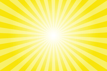 Yellow background with white sun ray. Pattern of starburst. Abstract bumblebee yellow texture with light of sunburst. Radial beam of sunlight. Retro background with flash. Design of sunbeams.