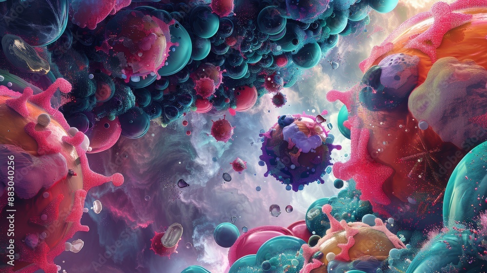 Poster abstract interpretation of leukocytes in immune system with surreal shapes and colors, ideal for sci