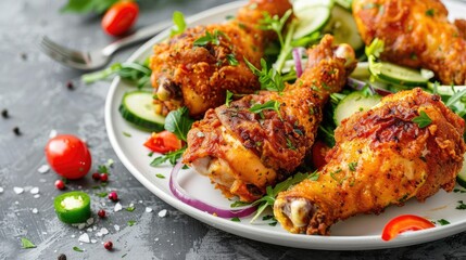 Homemade fried chicken legs with garnish of fresh vegetable salad