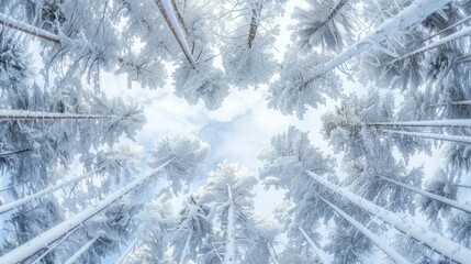 Obraz premium Top view of a snow-covered forest in winter The tall trees are draped in a thick layer of snow creating a serene and enchanting winter landscape The pristine white snow contrasts beautifully with the