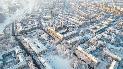 Obraz premium Aerial view of a winter cityscape with streets and rooftops blanketed in snow The city's buildings and landmarks are covered in a layer of white creating a stunning contrast between the urban