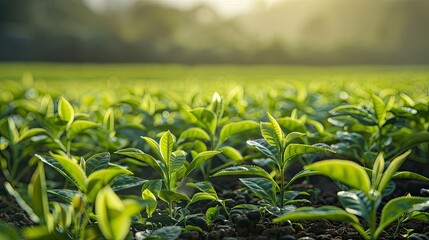 Fototapeta premium agriculture Landscape of soybean sprouts ripening during spring season on agricultural field Green tea leaves growing in fertile soil on farmer s land or plantation in the morning