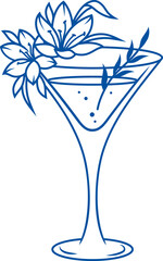 Cocktail glass with alcoholic drink decorated with small exotic flowers and petals