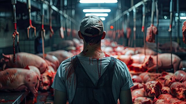 Raw meat industry worker back view slaughterhouse pig meat oncept High quality photo