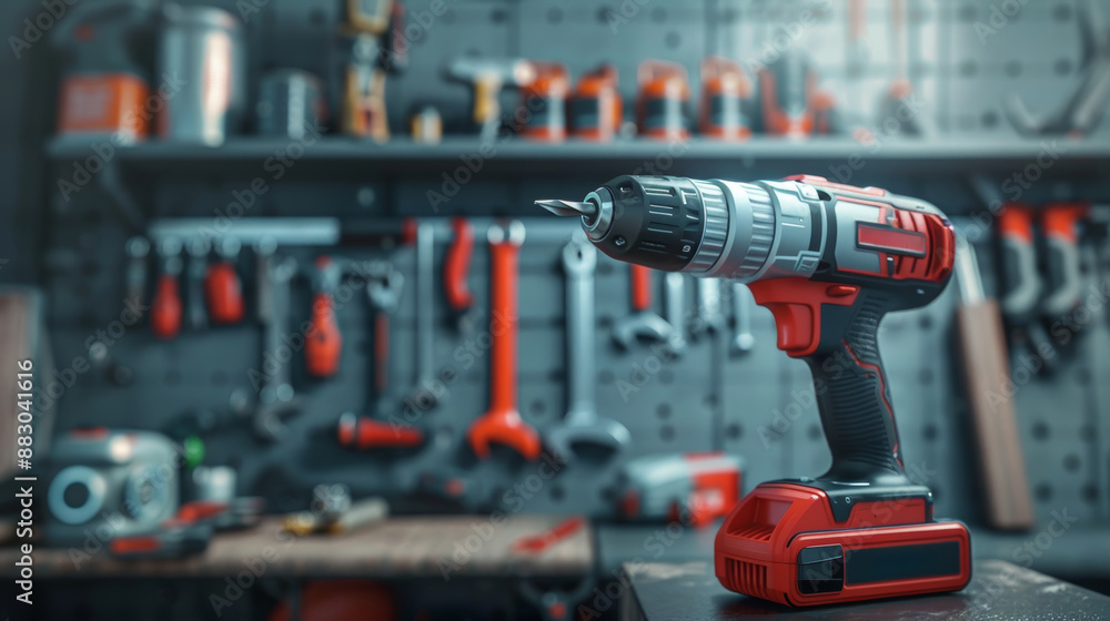 Poster cordless electric drill with battery pack in workshop setting for diy projects and tool enthusiasts