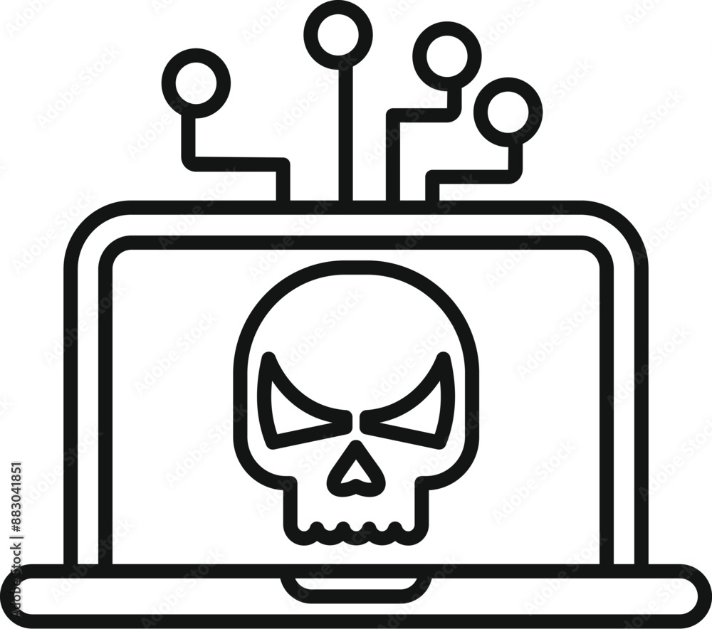 Poster line art icon of a hacker attack with a skull on a laptop screen