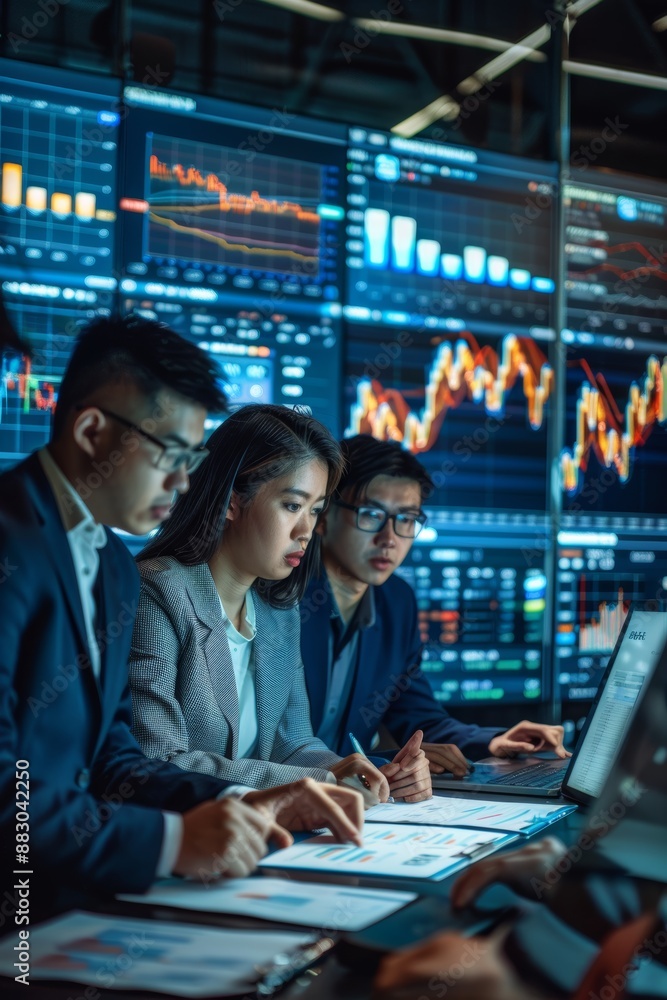 Poster financial analysts discuss investment performance in modern office with graphs and data on screens