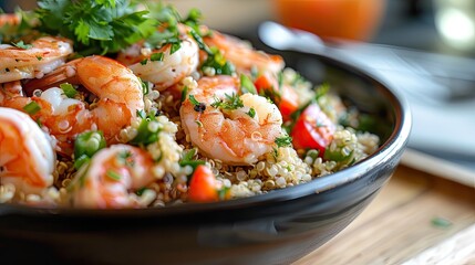 Typical peruvian food and drinks quinoa with shrimp