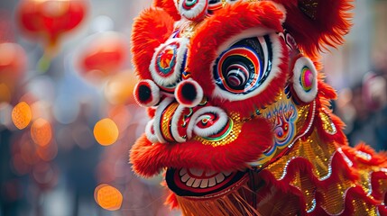 close up of Chinese lion dance at lunar new year