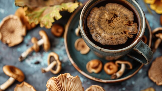Mushroom coffee superfood mushroom coffee with Lion s mane mushrooms A cup of coffee and mushrooms Healthy organic energizing adaptogen