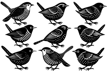 A set of bunches of Beautiful birds Wren with different poses silhouette black linocut vector illustration