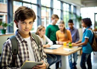 boy  in school hallway with friends in background, educational concept, international literacy day, teacher's day