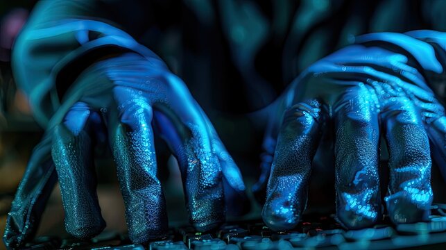 Close up View of Hands of Hacker using Gloves to avoid leaving fingertips managed to get an access to database
