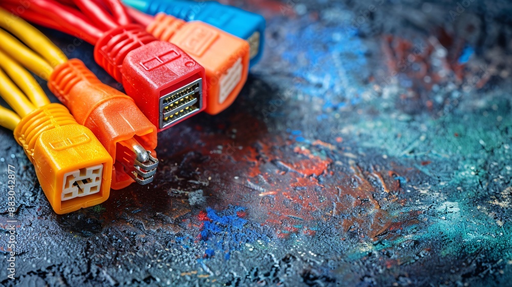 Poster tools and materials for telecommunications work including a network cable tester rj45 connectors and