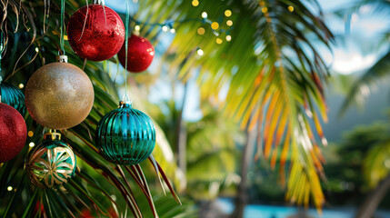 Christmas ornaments decorate the palm tree. Christmas and New Year celebrations at a tropical resort